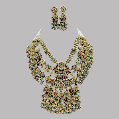Royal Temple Style Multi - Layered Kundan Necklace Set with Earrings - Auraa Trends - Necklace Set -  - Auraa Trends - "Multi - layered antique gold temple - style bridal necklace set with pearls, kundan stones, and matching jhumka earrings — ideal for Indian weddings and traditional wear