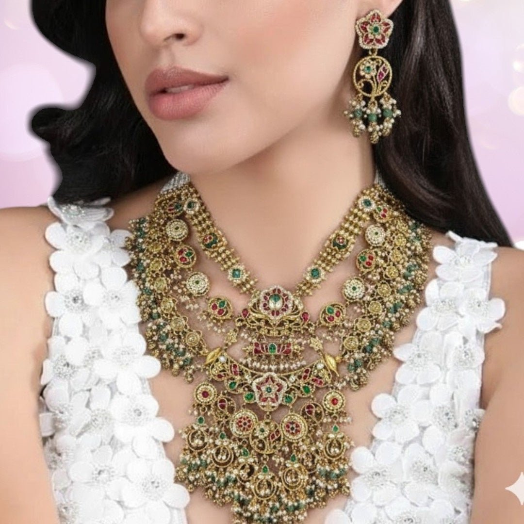 Royal Temple Style Multi - Layered Kundan Necklace Set with Earrings - Auraa Trends - Necklace Set -  - Auraa Trends - "Multi - layered antique gold temple - style bridal necklace set with pearls, kundan stones, and matching jhumka earrings — ideal for Indian weddings and traditional wear