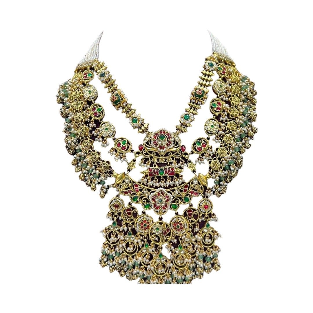 Royal Temple Style Multi - Layered Kundan Necklace Set with Earrings - Auraa Trends - Necklace Set -  - Auraa Trends - "Multi - layered antique gold temple - style bridal necklace set with pearls, kundan stones, and matching jhumka earrings — ideal for Indian weddings and traditional wear