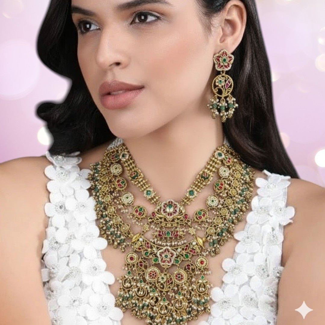 Royal Temple Style Multi - Layered Kundan Necklace Set with Earrings - Auraa Trends - Necklace Set -  - Auraa Trends - "Multi - layered antique gold temple - style bridal necklace set with pearls, kundan stones, and matching jhumka earrings — ideal for Indian weddings and traditional wear
