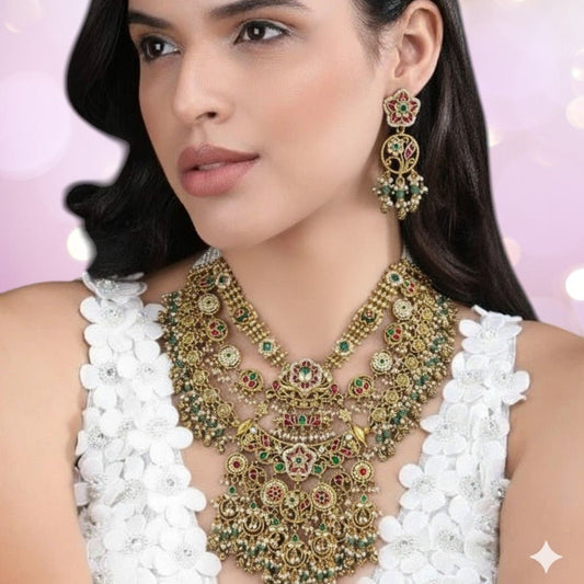 Royal Temple Style Multi - Layered Kundan Necklace Set with Earrings - Auraa Trends - Necklace Set -  - Auraa Trends - "Multi - layered antique gold temple - style bridal necklace set with pearls, kundan stones, and matching jhumka earrings — ideal for Indian weddings and traditional wear