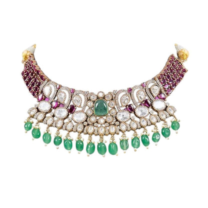Ruby & Green Beads Kundan Choker Necklace Set with Floral Stud Earrings for Women - Auraa Trends - Necklace Set -  - Auraa Trends - Woman wearing ruby and green beads kundan choker necklace with floral stud earrings