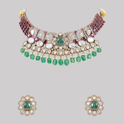 Ruby & Green Beads Kundan Choker Necklace Set with Floral Stud Earrings for Women - Auraa Trends - Necklace Set -  - Auraa Trends - Woman wearing ruby and green beads kundan choker necklace with floral stud earrings