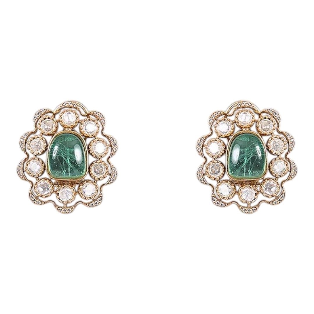 Ruby & Green Beads Kundan Choker Necklace Set with Floral Stud Earrings for Women - Auraa Trends - Necklace Set -  - Auraa Trends - Woman wearing ruby and green beads kundan choker necklace with floral stud earrings
