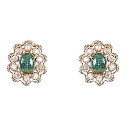 Ruby & Green Beads Kundan Choker Necklace Set with Floral Stud Earrings for Women - Auraa Trends - Necklace Set -  - Auraa Trends - Woman wearing ruby and green beads kundan choker necklace with floral stud earrings
