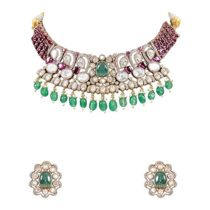Ruby & Green Beads Kundan Choker Necklace Set with Floral Stud Earrings for Women - Auraa Trends - Necklace Set -  - Auraa Trends - Woman wearing ruby and green beads kundan choker necklace with floral stud earrings