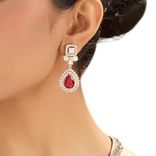 Ruby Red Drop Earrings – Pear - Cut Stone with Kundan Halo - Auraa Trends - Drop -  - Auraa Trends - Teardrop ruby red stone earrings with kundan border and square stud – traditional Indian jewelry.