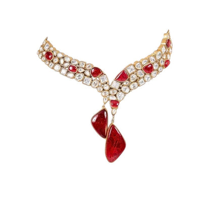 Ruby Red Stone Studded Choker Necklace Set with Gold - Plated Drop Earrings - Auraa Trends - Necklace Set -  - Auraa Trends - "Gold - plated ruby red stone choker necklace set with Kundan detailing and matching drop earrings – traditional Indian bridal and festive jewelry"