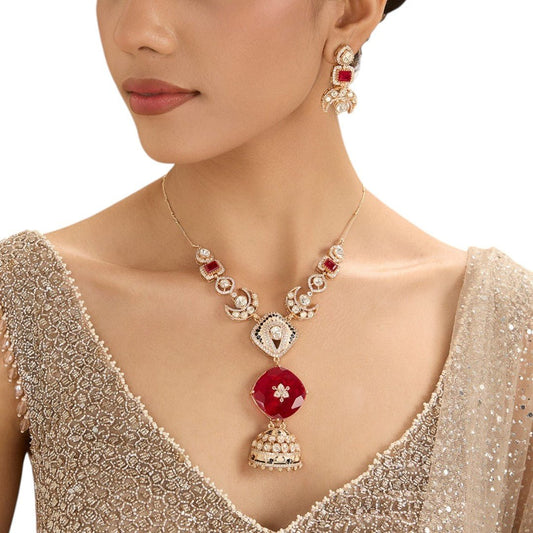 Ruby Red Temple Pendant Necklace Set – Kundan Jhumka Motif Design - Auraa Trends - necklace -  - Auraa Trends - Classic Indian necklace with ruby red pendant, kundan detail, jhumka motif, and matching earrings – bridal/festive wear.