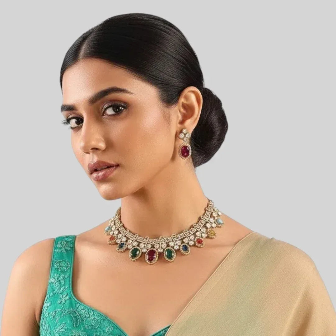 Classic Multicolor Kundan Choker Necklace Set with Earrings for Women - Auraa Trends