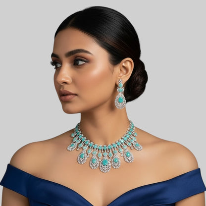 Luxury Silver-Plated Choker Necklace Set with Mint Green Stones
