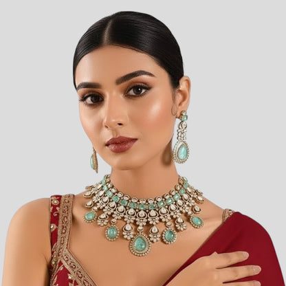 Gold-Finish Kundan Polki Choker Necklace Set with Aqua Blue Beads & Matching Earrings