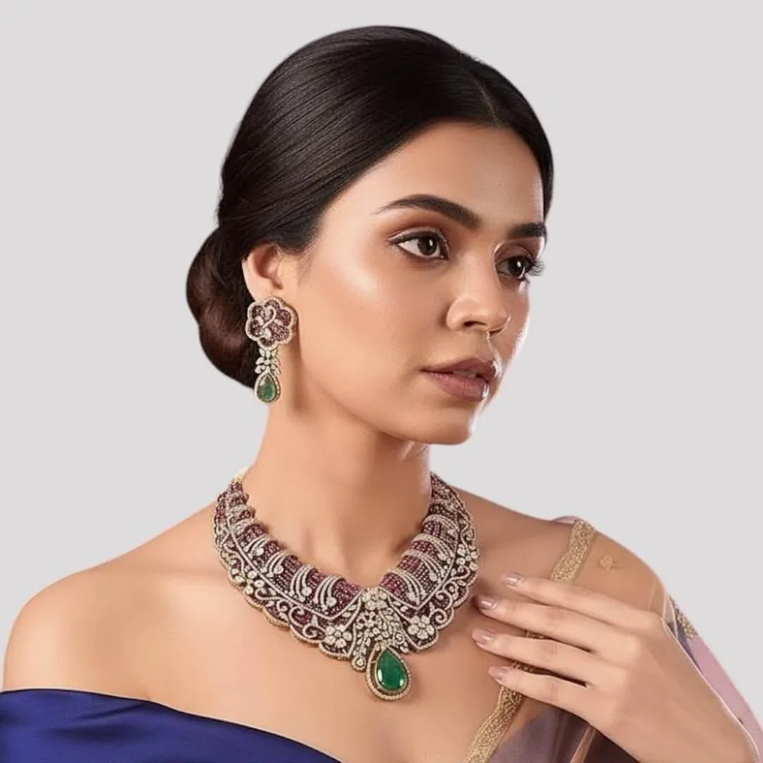 Designer Ruby & Green Stone Kundan Statement Necklace Set with Drop Earrings for Women - Auraa Trends