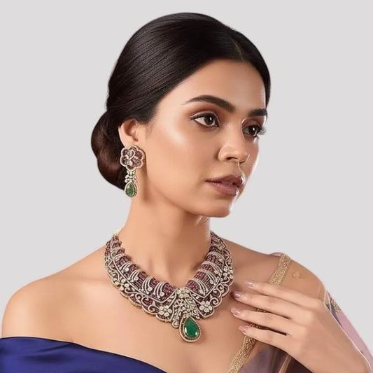 Designer Ruby & Green Stone Kundan Statement Necklace Set with Drop Earrings for Women - Auraa Trends