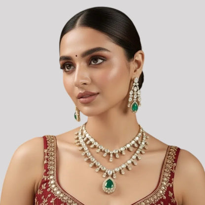 Elegant Green and Pearl Necklace with Matching Earrings for Bridal and Festive Occasions - Auraa Trends