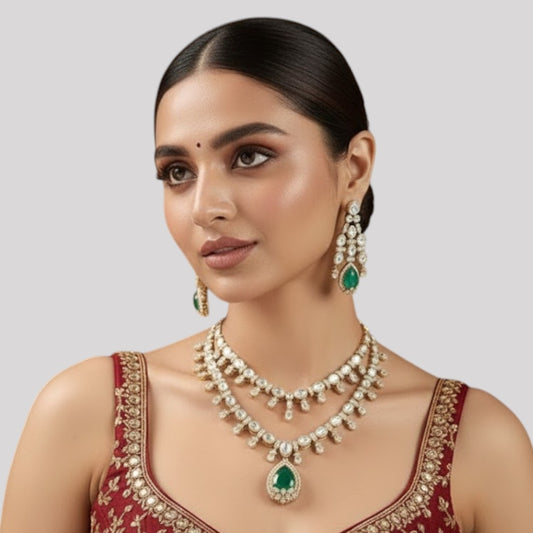 Elegant Green and Pearl Necklace with Matching Earrings for Bridal and Festive Occasions