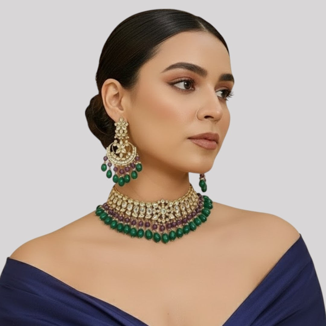 Traditional Kundan Choker Necklace Set with Green & Purple Beads
