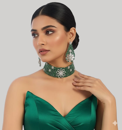 Green Kundan & CZ Stone Floral Choker Necklace Set for Women