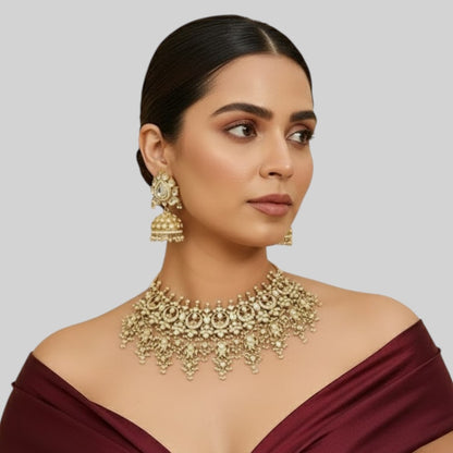 Gold-Plated Kundan Bridal Choker Necklace Set with Pearl Jhumka Earrings
