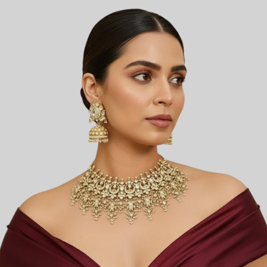 Gold-Plated Kundan Bridal Choker Necklace Set with Pearl Jhumka Earrings