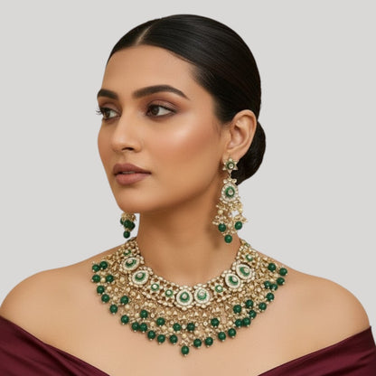 Gold-Plated Kundan Choker Necklace Set with Green Beads & Pearl Drops