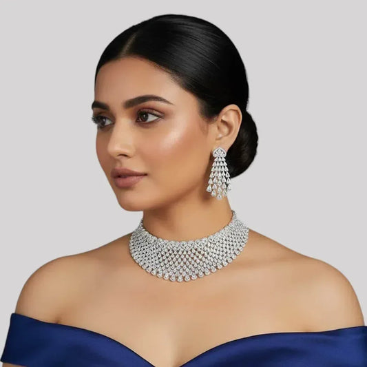Elegant Diamond Look Silver Choker Necklace Set with Earrings - Auraa Trends