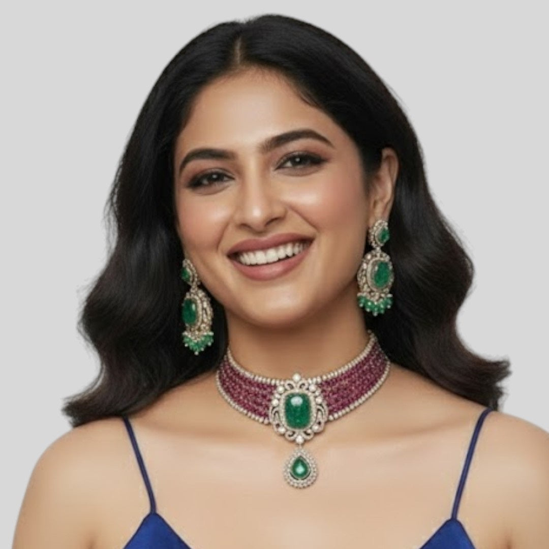 Gold-Plated Ruby Green Stone Choker Necklace Set with Drop Earrings