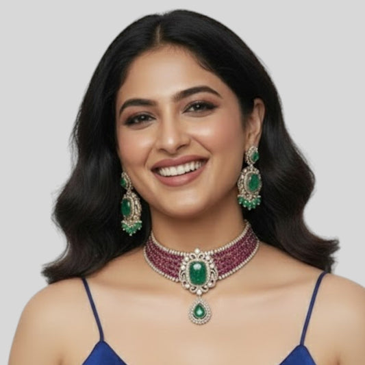 Gold-Plated Ruby Green Stone Choker Necklace Set with Drop Earrings
