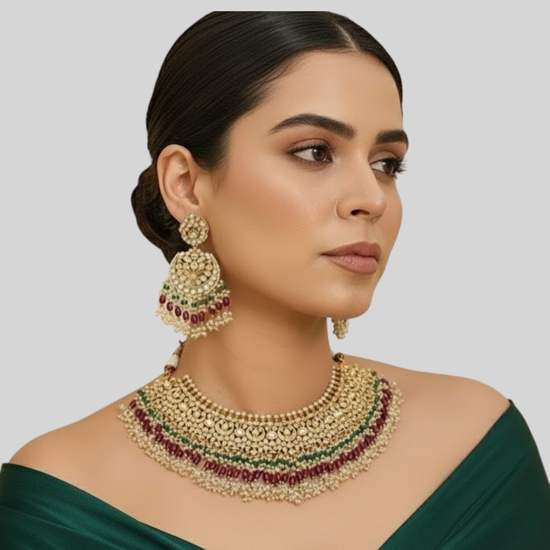 Traditional Kundan Bridal Necklace Set with Ruby & Emerald Beads