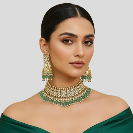 Gold-Plated Kundan Choker Necklace Set with Green Beads & Jhumka Earrings