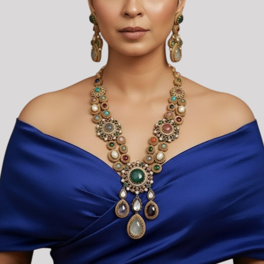 Grand Multicolor Temple Style Kundan Necklace Set