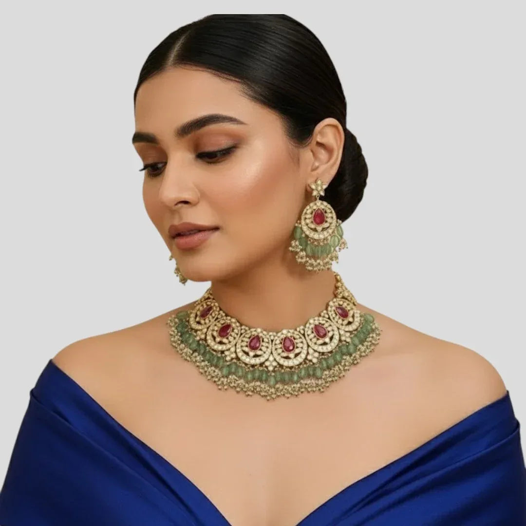 Designer Kundan & Ruby Stone Choker Necklace Set with Green Beads & Earrings - Auraa Trends