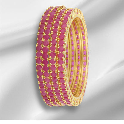 Set Of 2 Gold Plated Fuschia Pink American Diamond Bangles - Auraa Trends