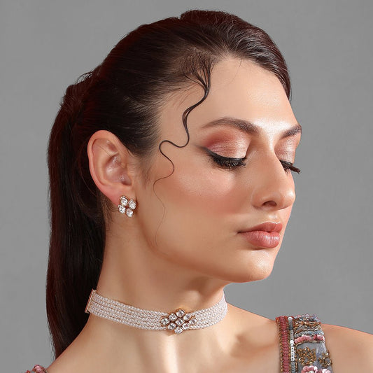 Shining Crystal Beaded Adjustable Choker Necklace & Earring Set - Auraa Trends - Choker - Choker Necklace & Earring Set