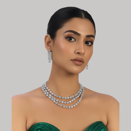 Elegant Silver-Tone Layered Diamond Necklace Set with Drop Earrings for Women - Auraa Trends