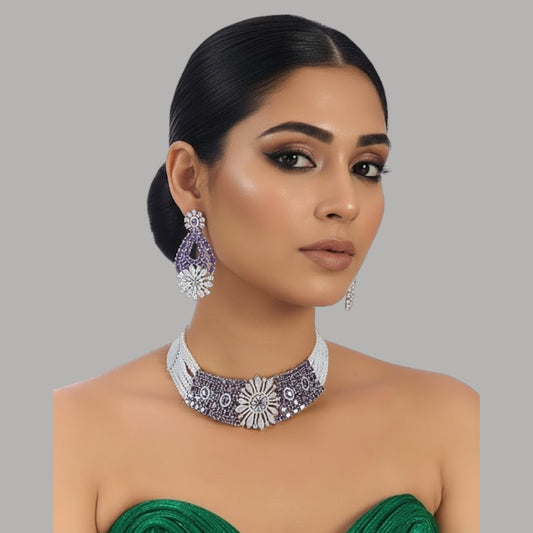 Elegant Purple Stone & Pearl Choker Necklace Set with Floral Design Earrings for Women - Auraa Trends