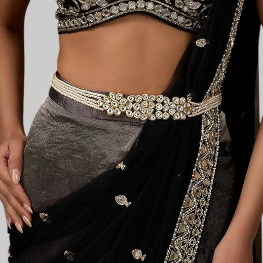 Silver Finish Kundan Polki & Crystal Kamarbandh - Auraa Trends - Waist Belt -  - Auraa Trends - "Black embroidered blouse with mirror work paired with Kundan pearl saree belt – Traditional Indian festive and wedding outfit for women"