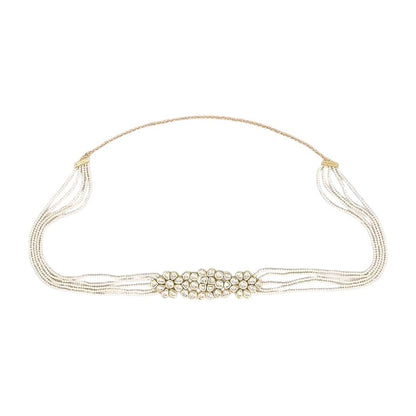 Silver Finish Kundan Polki & Crystal Kamarbandh - Auraa Trends - Waist Belt -  - Auraa Trends - "Black embroidered blouse with mirror work paired with Kundan pearl saree belt – Traditional Indian festive and wedding outfit for women"