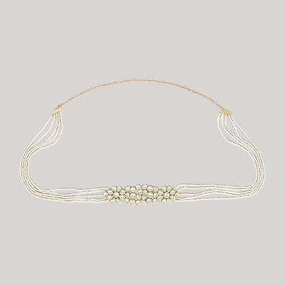 Silver Finish Kundan Polki & Crystal Kamarbandh - Auraa Trends - Waist Belt -  - Auraa Trends - "Black embroidered blouse with mirror work paired with Kundan pearl saree belt – Traditional Indian festive and wedding outfit for women"