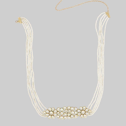 Silver Finish Kundan Polki & Crystal Kamarbandh - Auraa Trends - Waist Belt -  - Auraa Trends - "Black embroidered blouse with mirror work paired with Kundan pearl saree belt – Traditional Indian festive and wedding outfit for women"