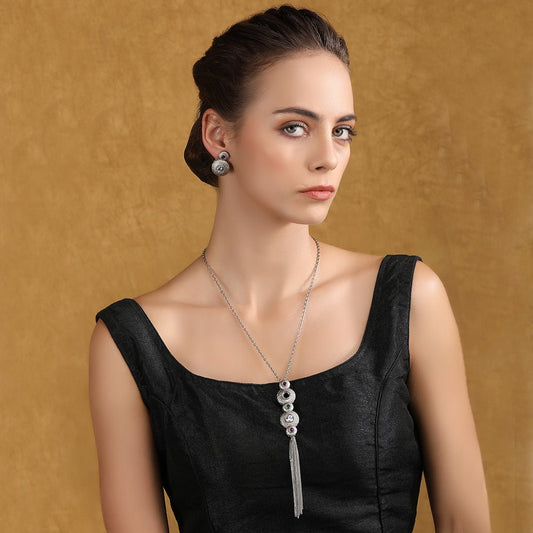 Silver Plated Pendant Necklace With Matching Stud Earrings - Auraa Trends - Pendant -Pendant 92.5 Silver Agate Alloy