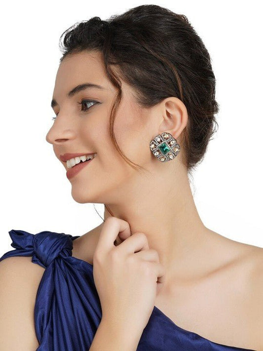 Silver - Toned & Turquoise Blue Contemporary Studs Earrings - Auraa Trends - Studs - Silver - Toned & Turquoise Blue