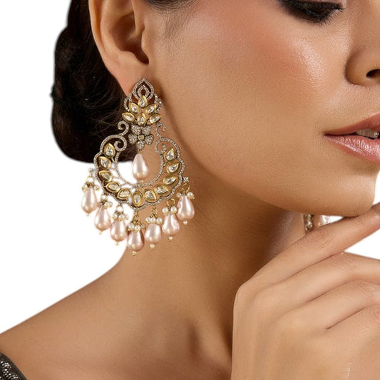 Sophisticated Gold - Colored Kundan Chandbali Earrings with Pearl Droplets - Auraa Trends - Chandbali - # - Auraa Trends - Material: Alloy, Kundan, Faux Pearls Closure: Post and Back