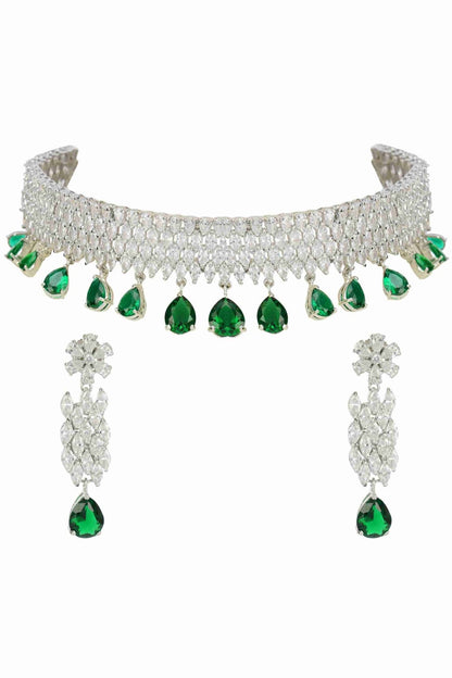 Sophisticated Rhodium Finish Diamond Choker set - Auraa Trends - Necklaces - Sophisticated Rhodium Finish Diamond Choker set