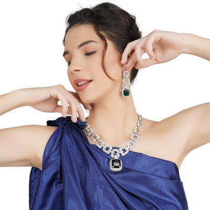 Splendid Rhodium Finish Diamonte Necklace Set - Auraa Trends