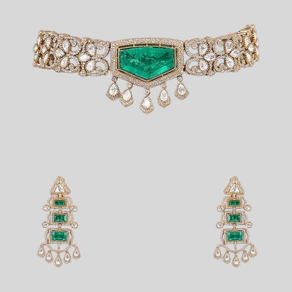 Statement Green Stone Kundan Choker Necklace Set with Long Dangler Earrings for Women - Auraa Trends - Necklace Set -  - Auraa Trends - "Traditional gold - plated green stone Kundan choker necklace set with long dangler earrings for women – perfect for festive and bridal wear"