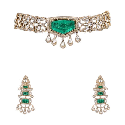 Statement Green Stone Kundan Choker Necklace Set with Long Dangler Earrings for Women - Auraa Trends - Necklace Set -  - Auraa Trends - "Traditional gold - plated green stone Kundan choker necklace set with long dangler earrings for women – perfect for festive and bridal wear"