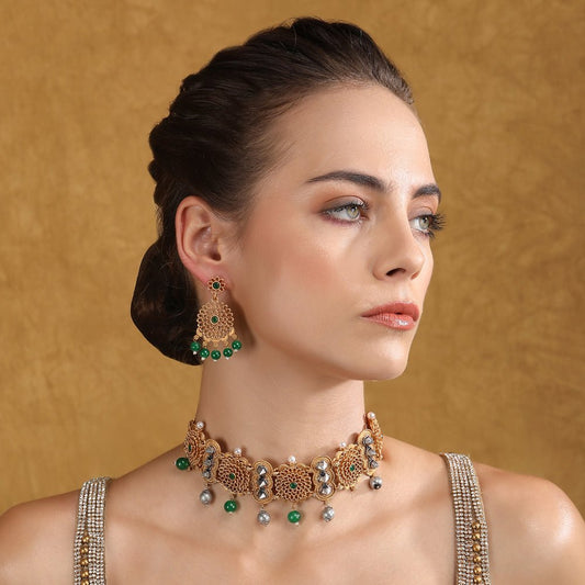 Stone Studded & Beaded Jewellery Set - Auraa Trends - Necklace Set - # - Auraa Trends - Stone Studded & Beaded Jewellery Set