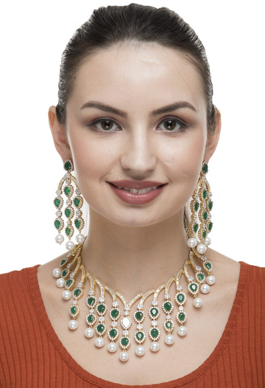 Stunning Diamonte Necklace Set white Green Semi Precious Stone Drops - Auraa Trends - Necklace Set - Exclusive Sale Fashion