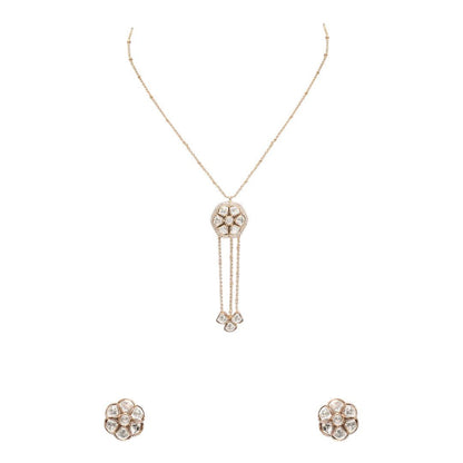 Stunning Gold - Plated Kundan Floral Necklace Set with Stud Kundan Earrings – Simple Ethnic Jewelry - Auraa Trends - necklace -  - Auraa Trends - Gold - plated kundan minimalist necklace with floral pendant and double drop chains, complemented by matching flower - shaped stud earrings – perfect for festive and formal events.